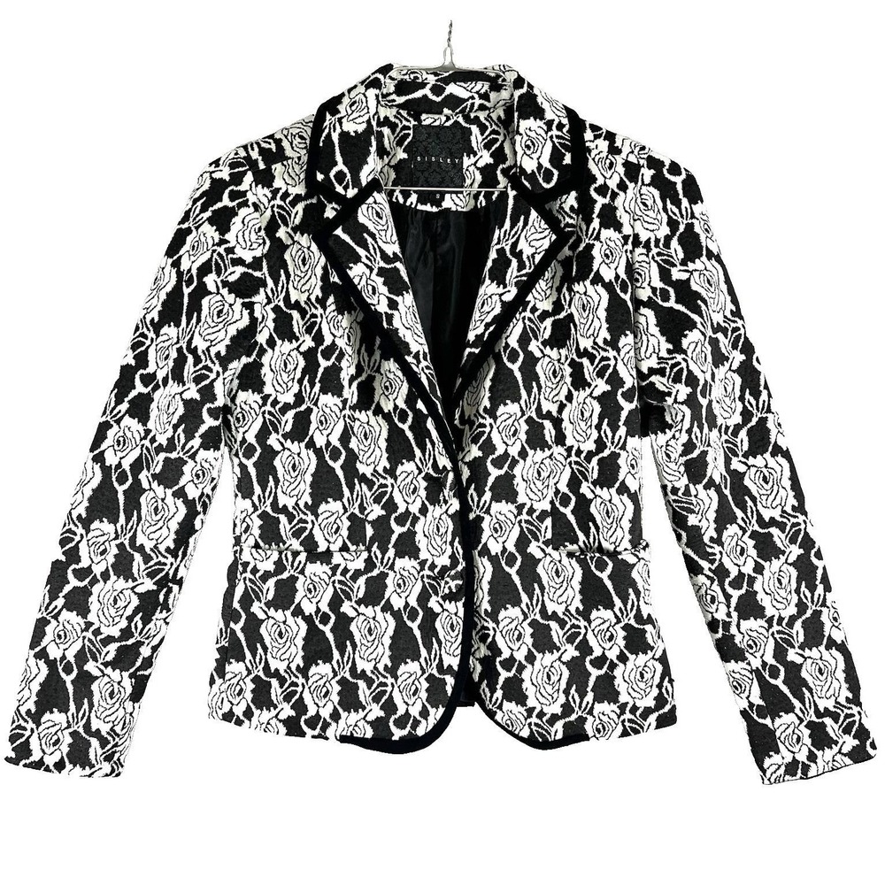 Sisley‎ Marisa Black White Floral Rose Jacquard Blazer Velvet Trim Small